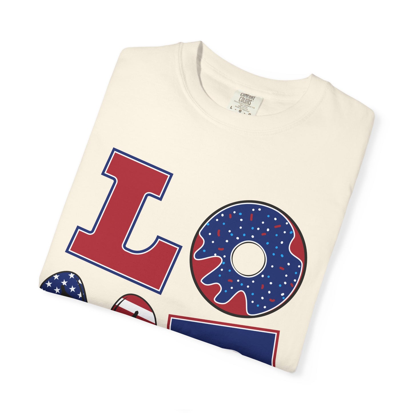 Patriotic LOVE Graphic T-shirt | American Flag Donut Stars & Stripes