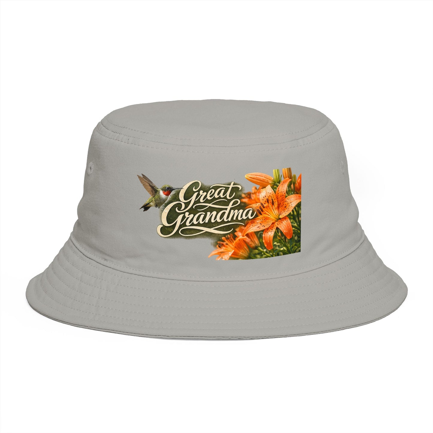Great Grandma Floral Bucket Hat — Vintage Hummingbird & Lily Gift