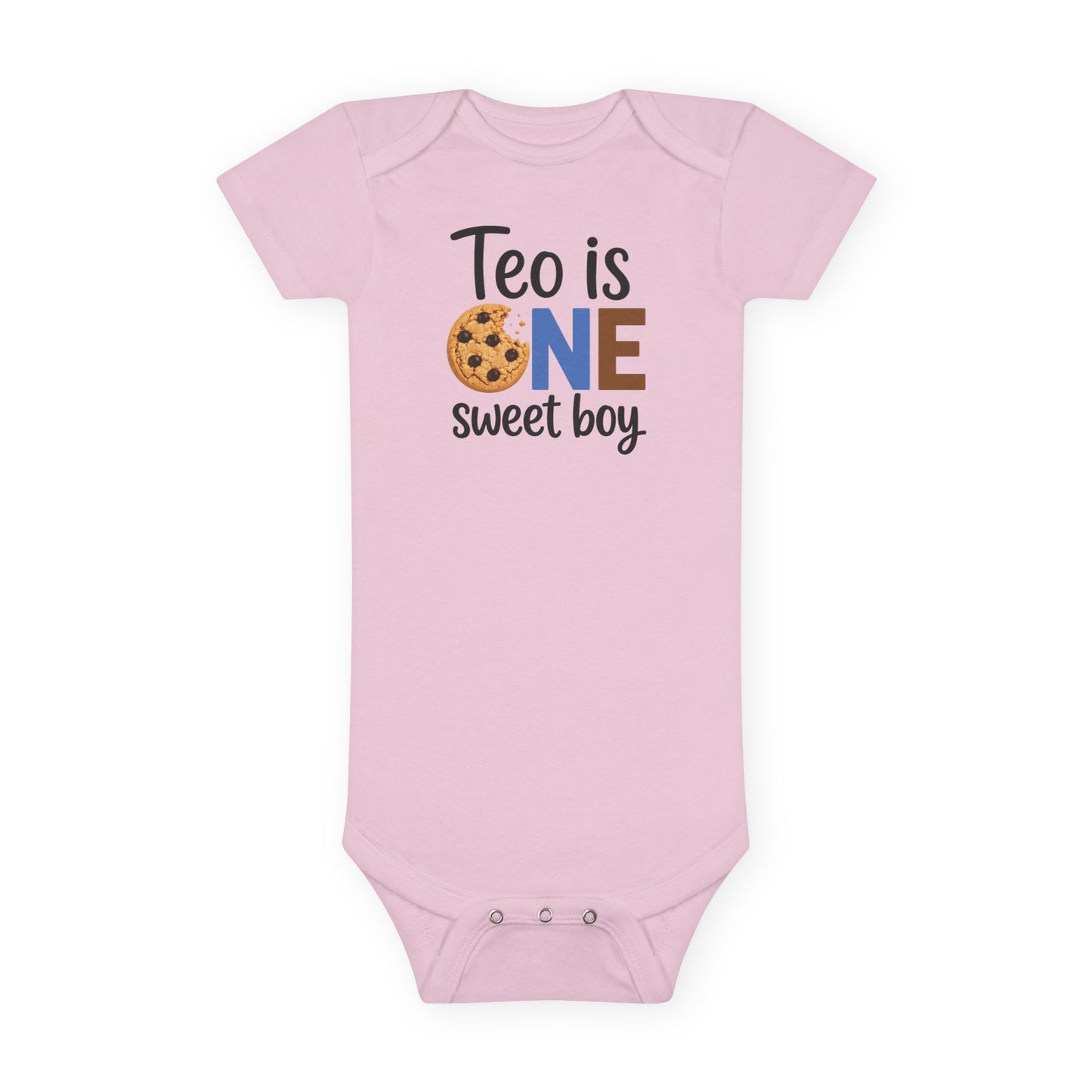 Baby Onesie - "Teo is ONE" Sweet Boy 1st Birthday Bodysuit (Cookie & Cow Print)