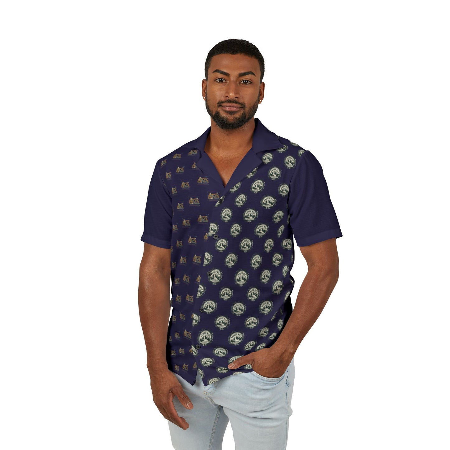 Men's White Hawaiian Camp Shirt with Repeating Cat Print – Casual Vacation Button-Up