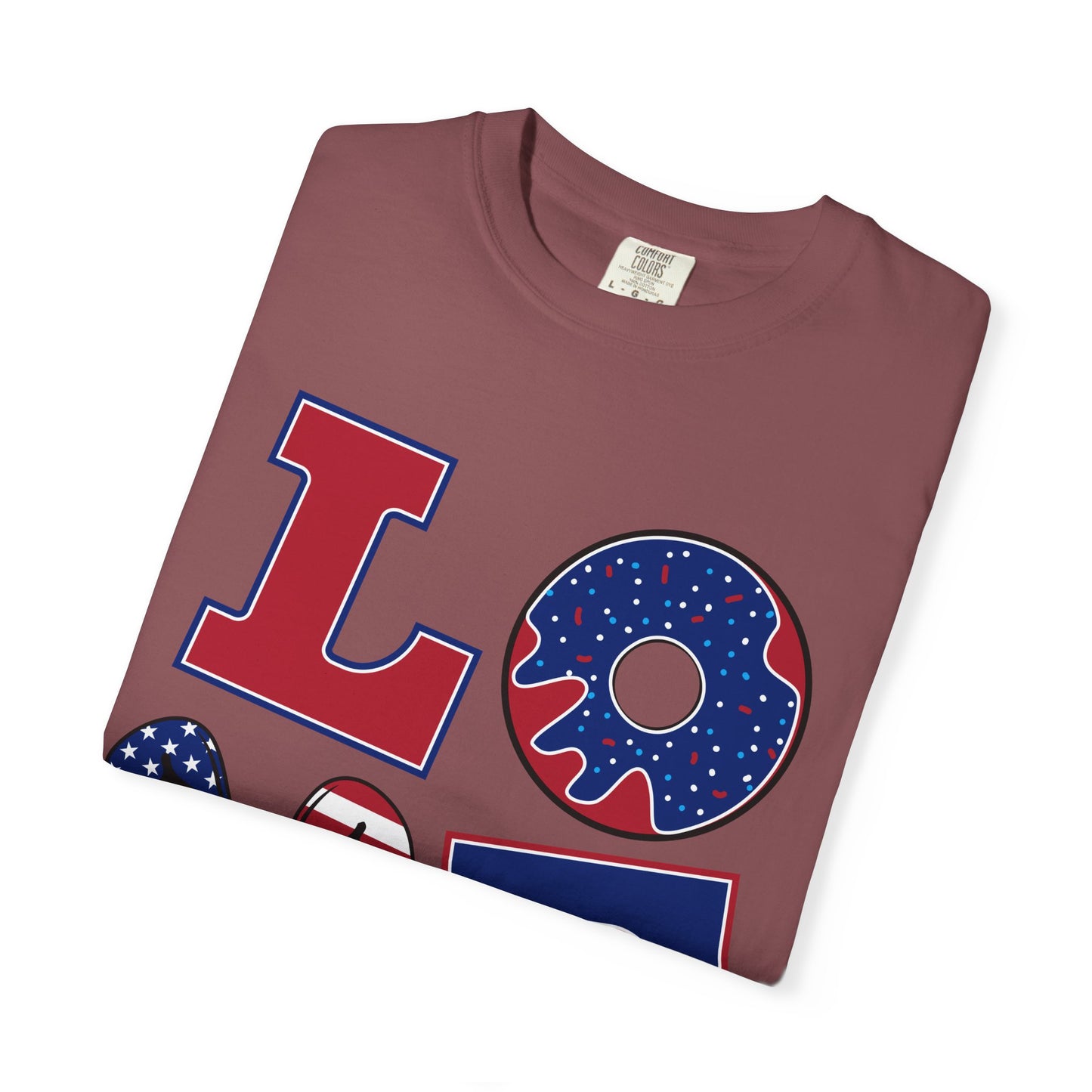 Patriotic LOVE Graphic T-shirt | American Flag Donut Stars & Stripes