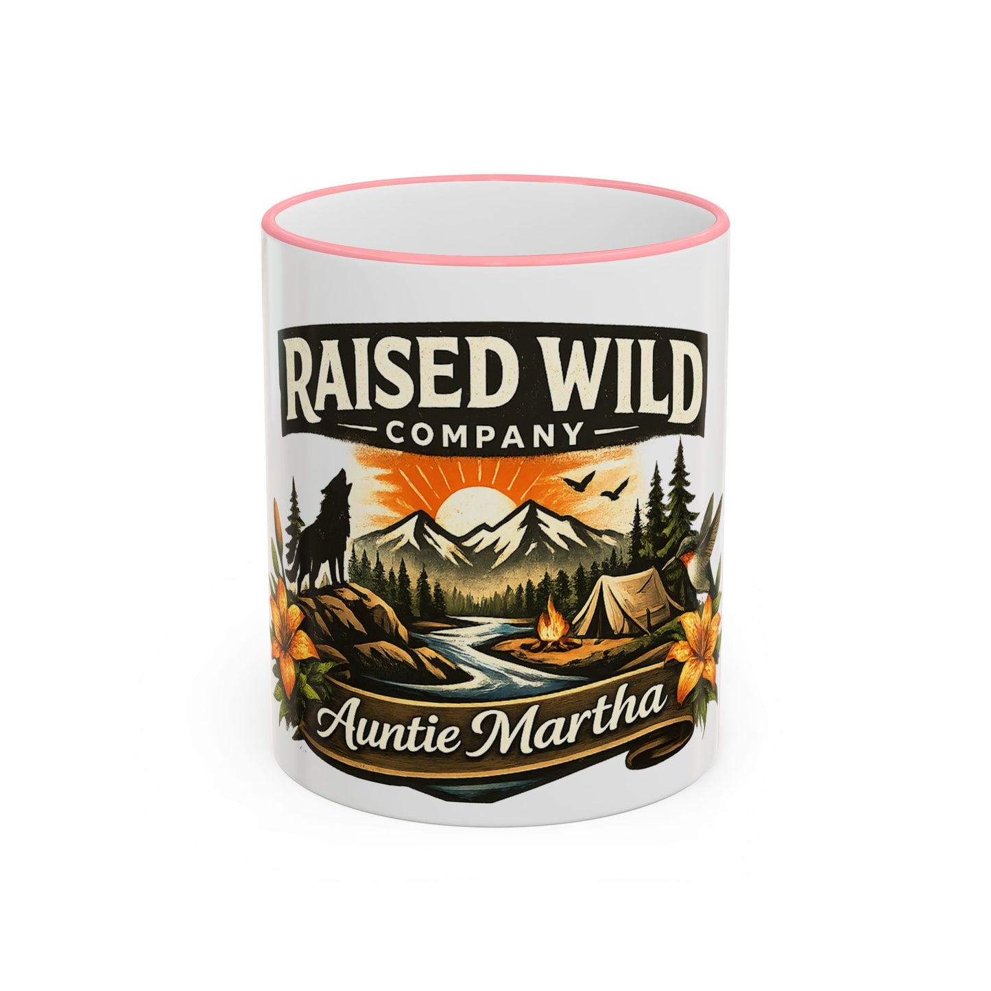 Raised Wild Camping Mug — Personalized 'Auntie Martha' Accent Rim & Handle