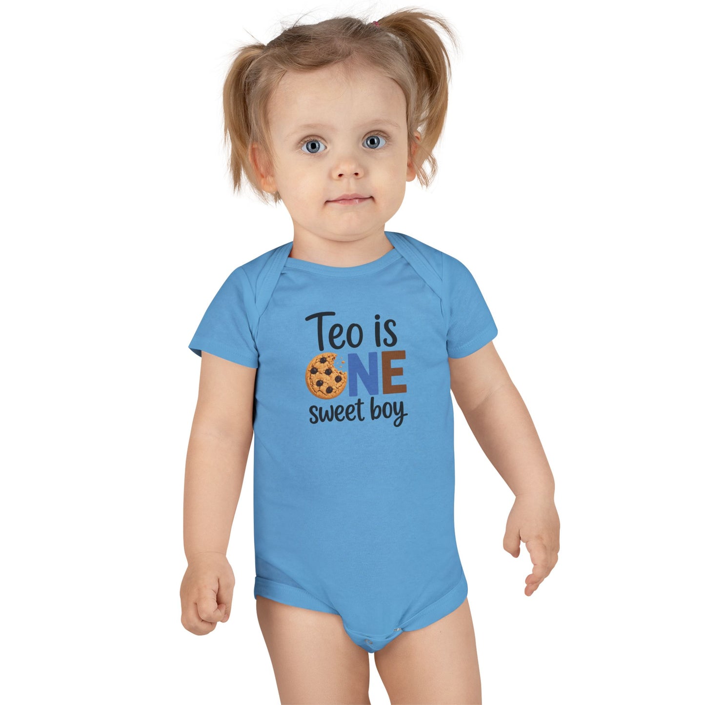 Baby Onesie - "Teo is ONE" Sweet Boy 1st Birthday Bodysuit (Cookie & Cow Print)