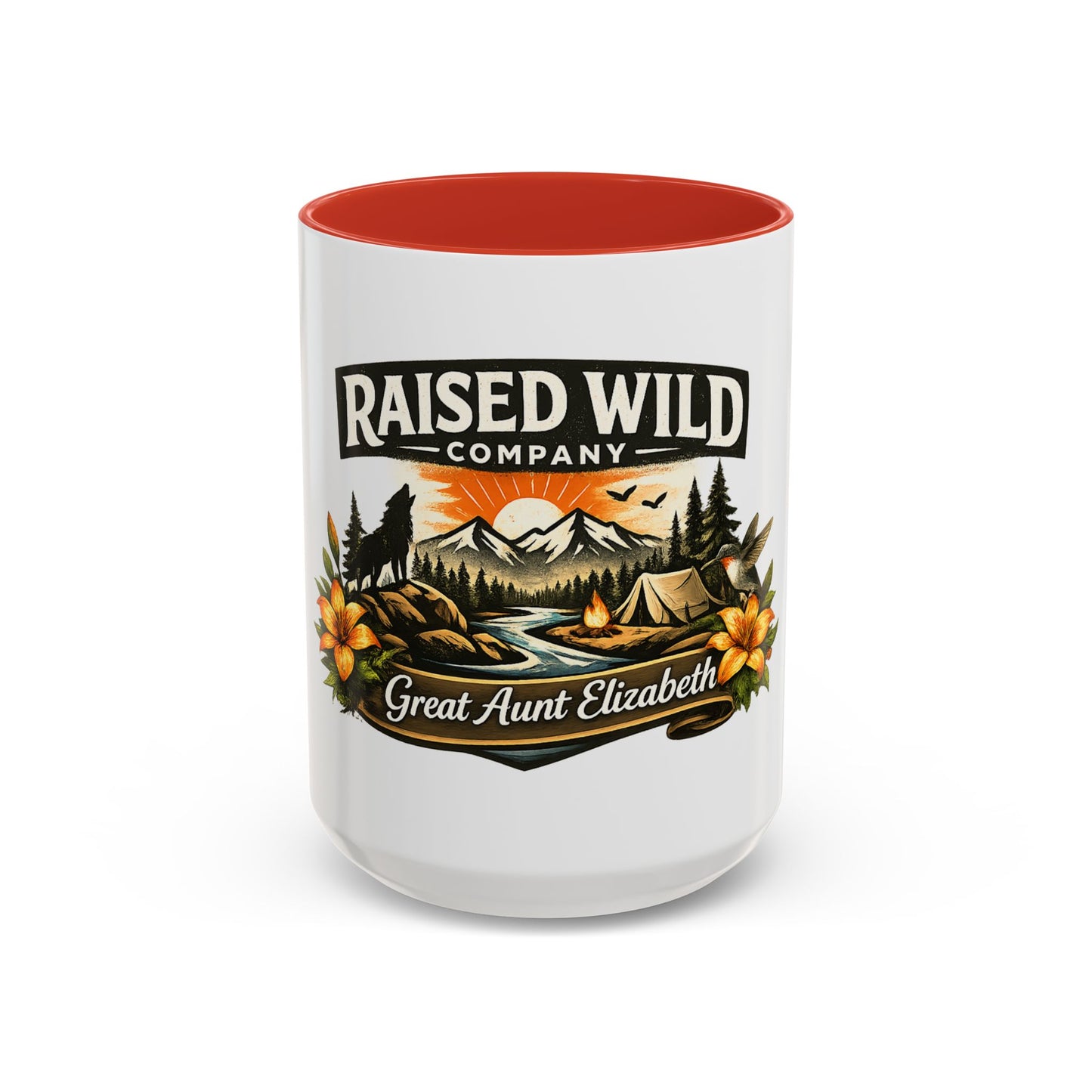 Raised Wild Coffee Mug – Personalized “Great Aunt Elizabeth” Camping Floral Design (11/15oz)