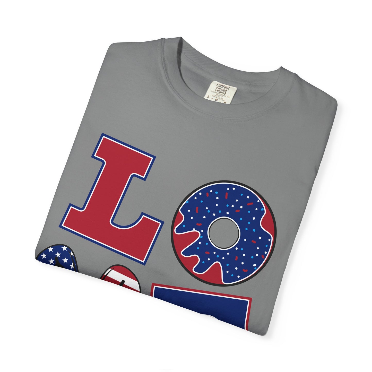 Patriotic LOVE Graphic T-shirt | American Flag Donut Stars & Stripes