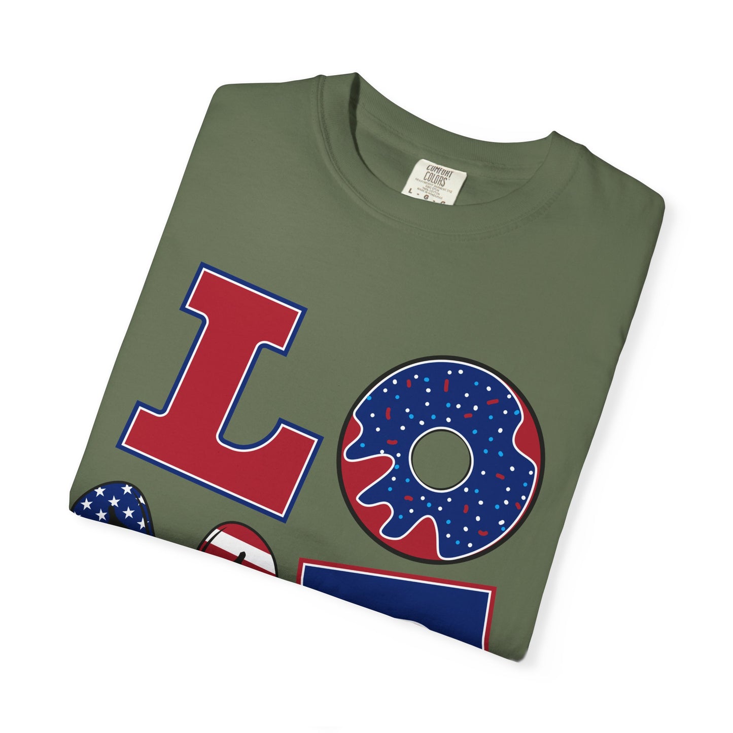 Patriotic LOVE Graphic T-shirt | American Flag Donut Stars & Stripes