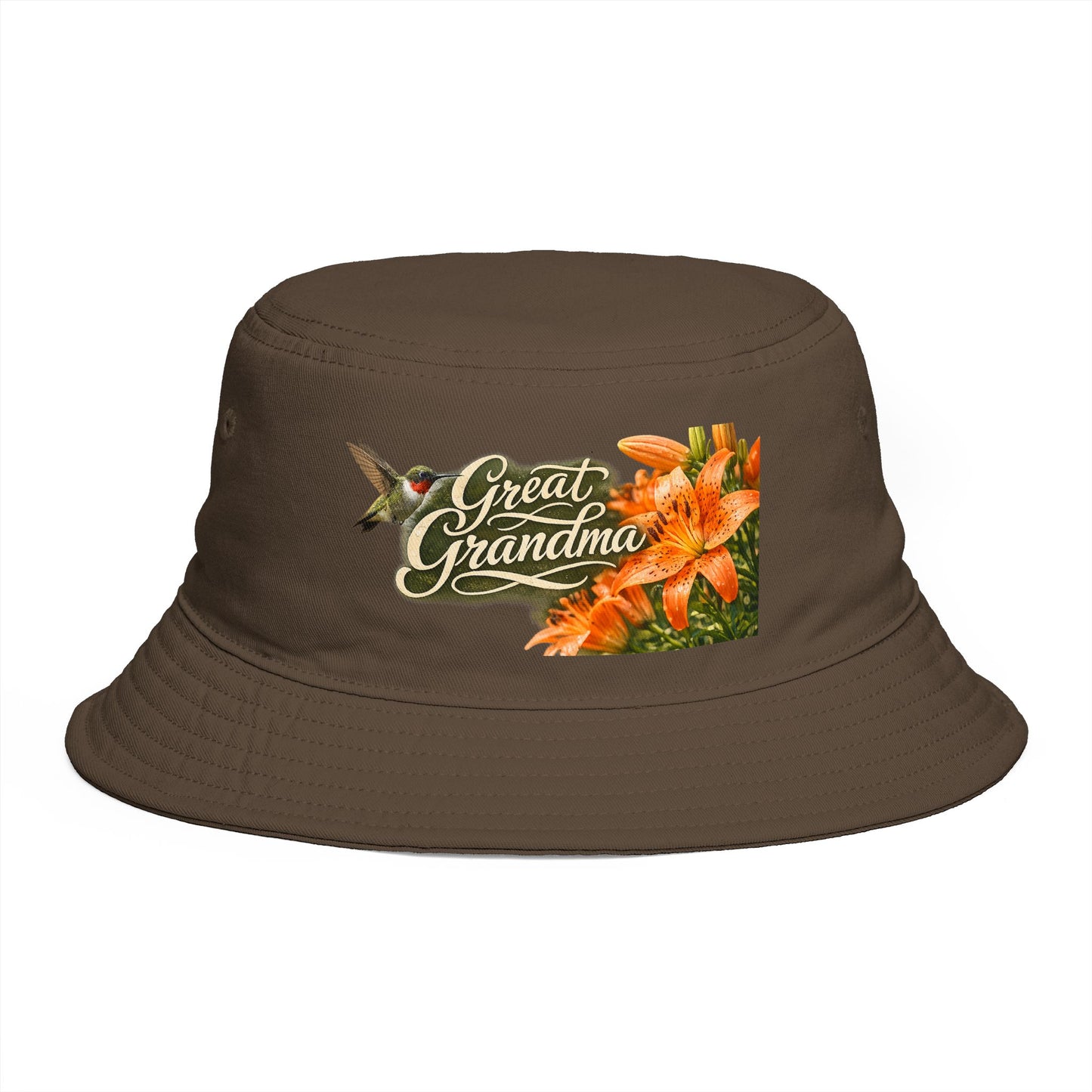 Great Grandma Floral Bucket Hat — Vintage Hummingbird & Lily Gift