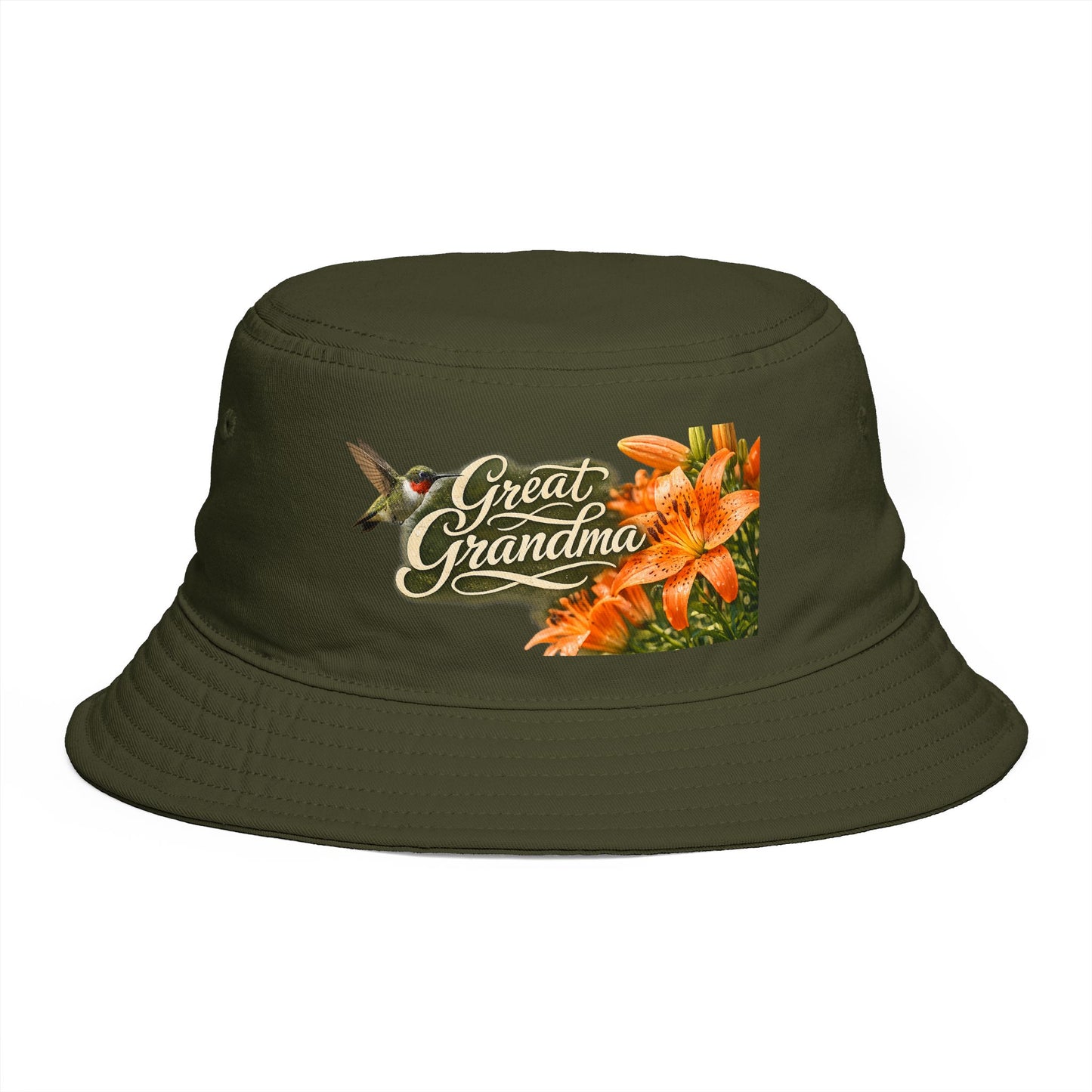 Great Grandma Floral Bucket Hat — Vintage Hummingbird & Lily Gift