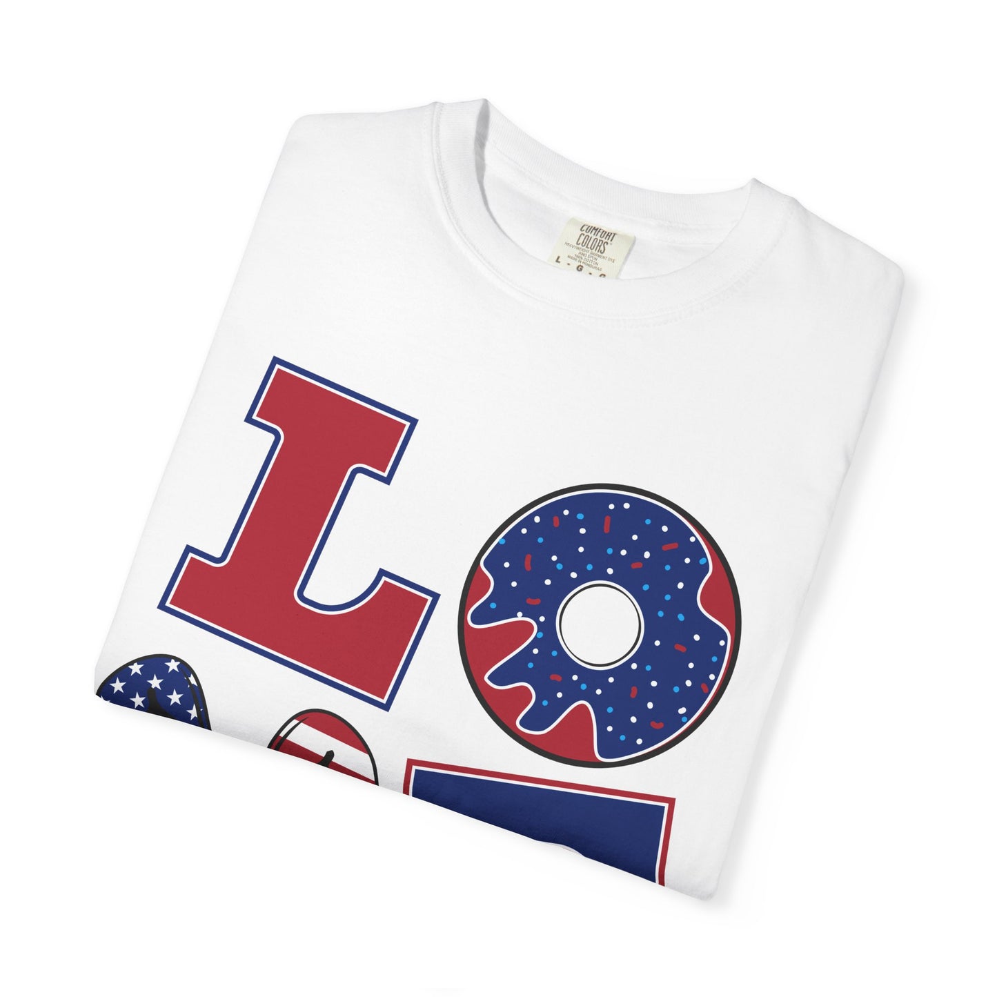 Patriotic LOVE Graphic T-shirt | American Flag Donut Stars & Stripes