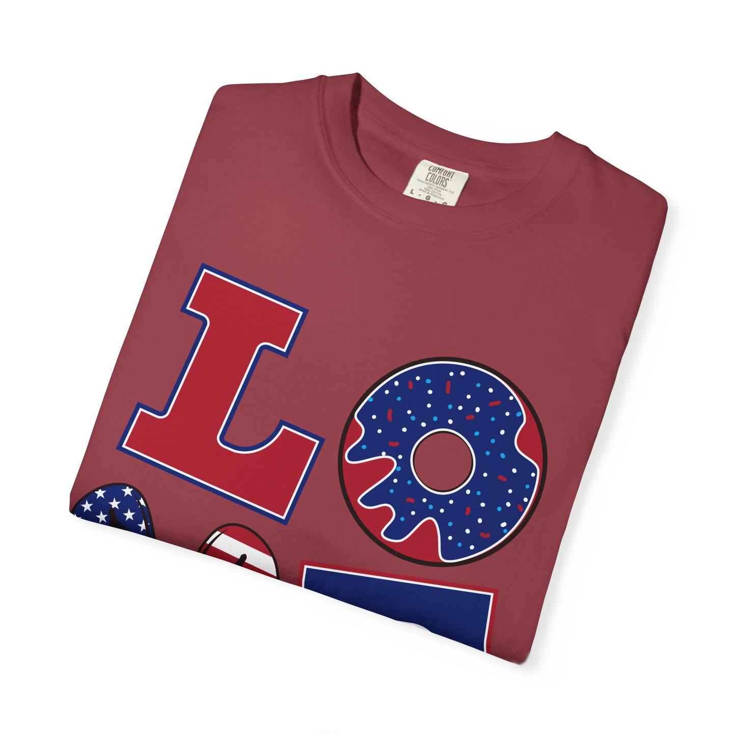 Patriotic LOVE Graphic T-shirt | American Flag Donut Stars & Stripes