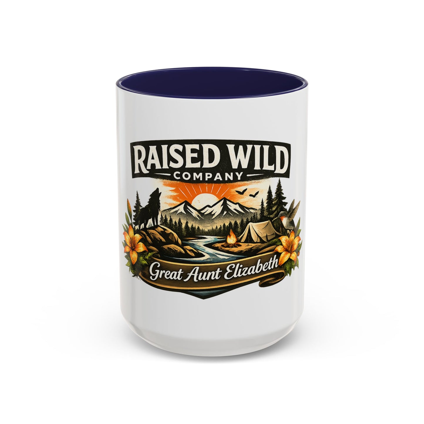 Raised Wild Coffee Mug – Personalized “Great Aunt Elizabeth” Camping Floral Design (11/15oz)
