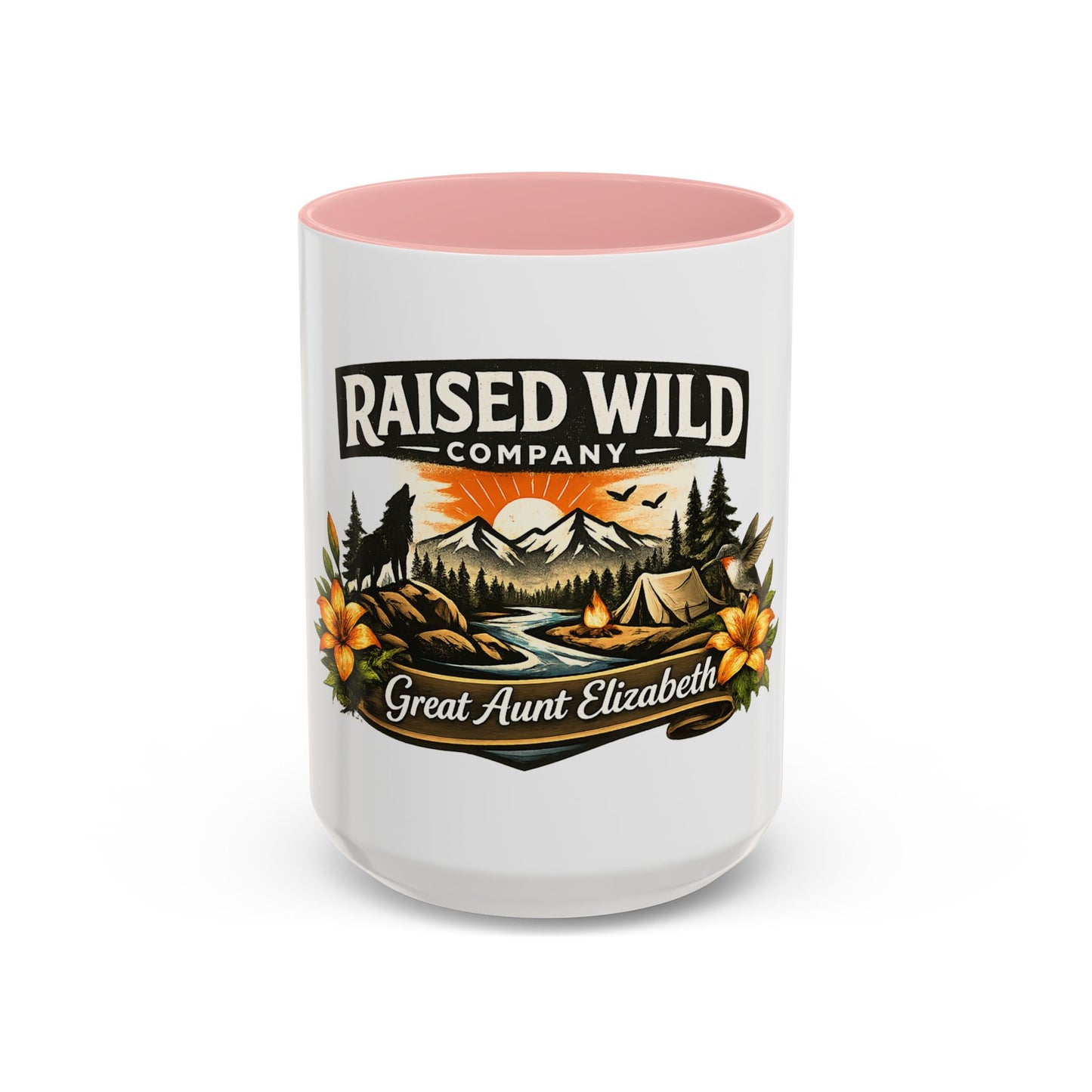Raised Wild Coffee Mug – Personalized “Great Aunt Elizabeth” Camping Floral Design (11/15oz)