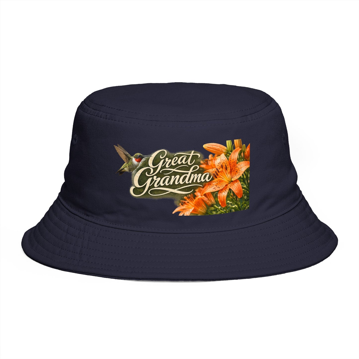 Great Grandma Floral Bucket Hat — Vintage Hummingbird & Lily Gift