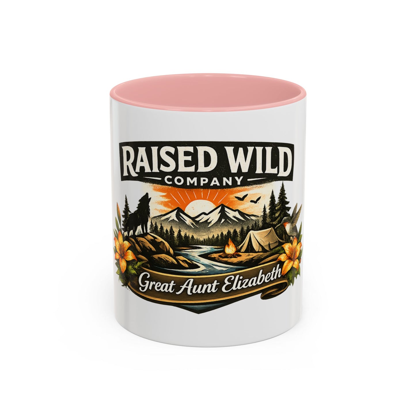 Raised Wild Coffee Mug – Personalized “Great Aunt Elizabeth” Camping Floral Design (11/15oz)