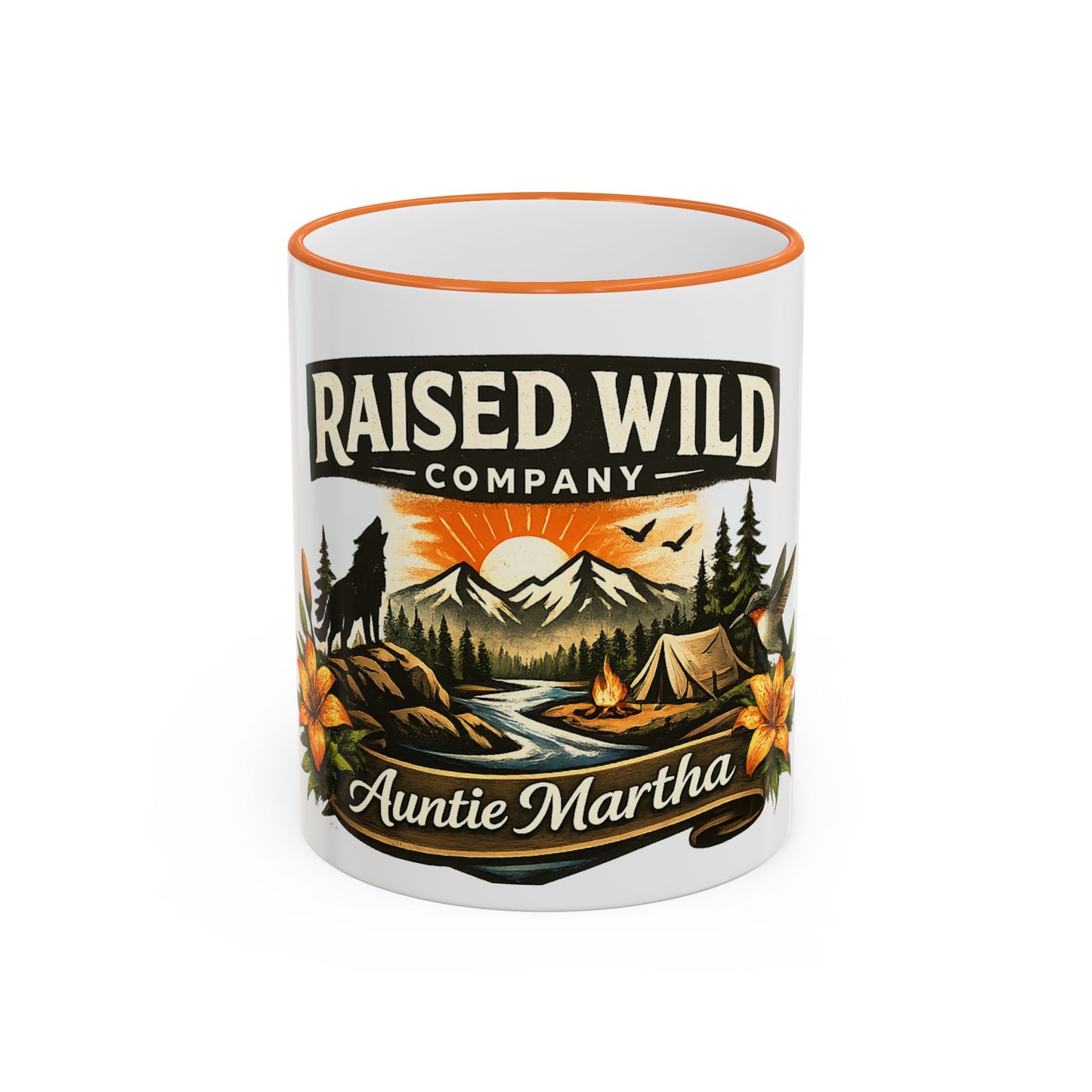 Raised Wild Camping Mug — Personalized 'Auntie Martha' Accent Rim & Handle