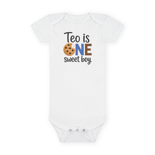 Baby Onesie - "Teo is ONE" Sweet Boy 1st Birthday Bodysuit (Cookie & Cow Print)