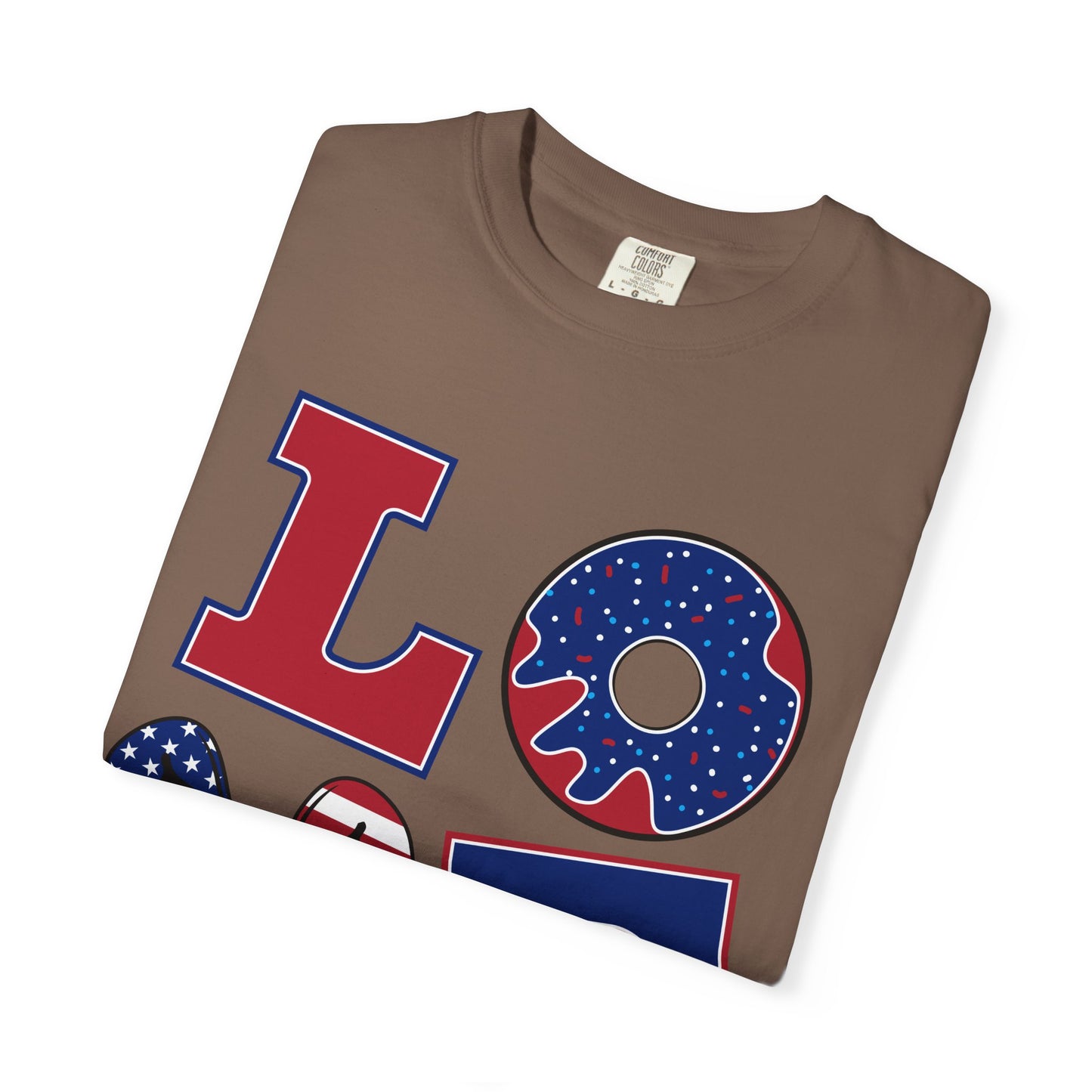 Patriotic LOVE Graphic T-shirt | American Flag Donut Stars & Stripes