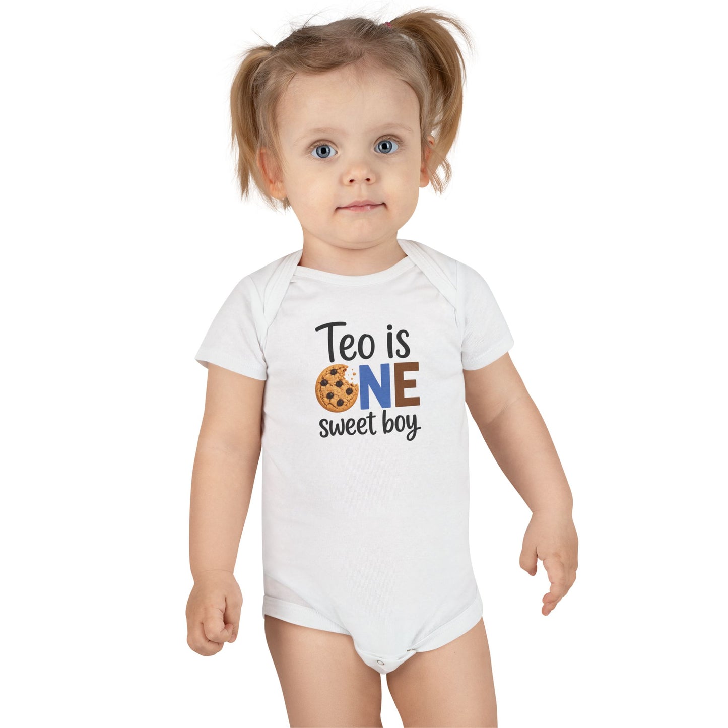 Baby Onesie - "Teo is ONE" Sweet Boy 1st Birthday Bodysuit (Cookie & Cow Print)
