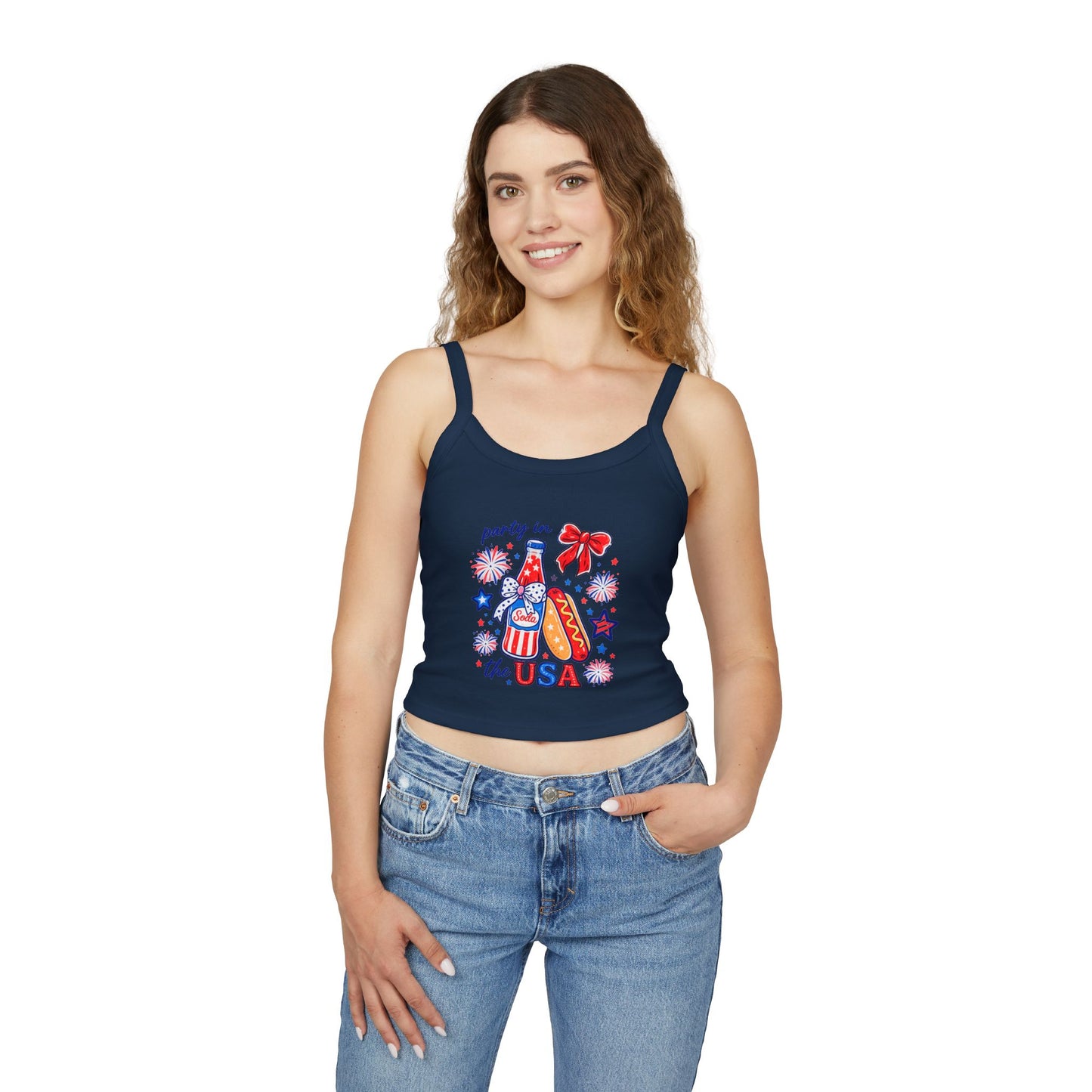 Patriotic 'Party in the USA' Women's Tank Top — 4th of July Hot Dog & Soda Graphic