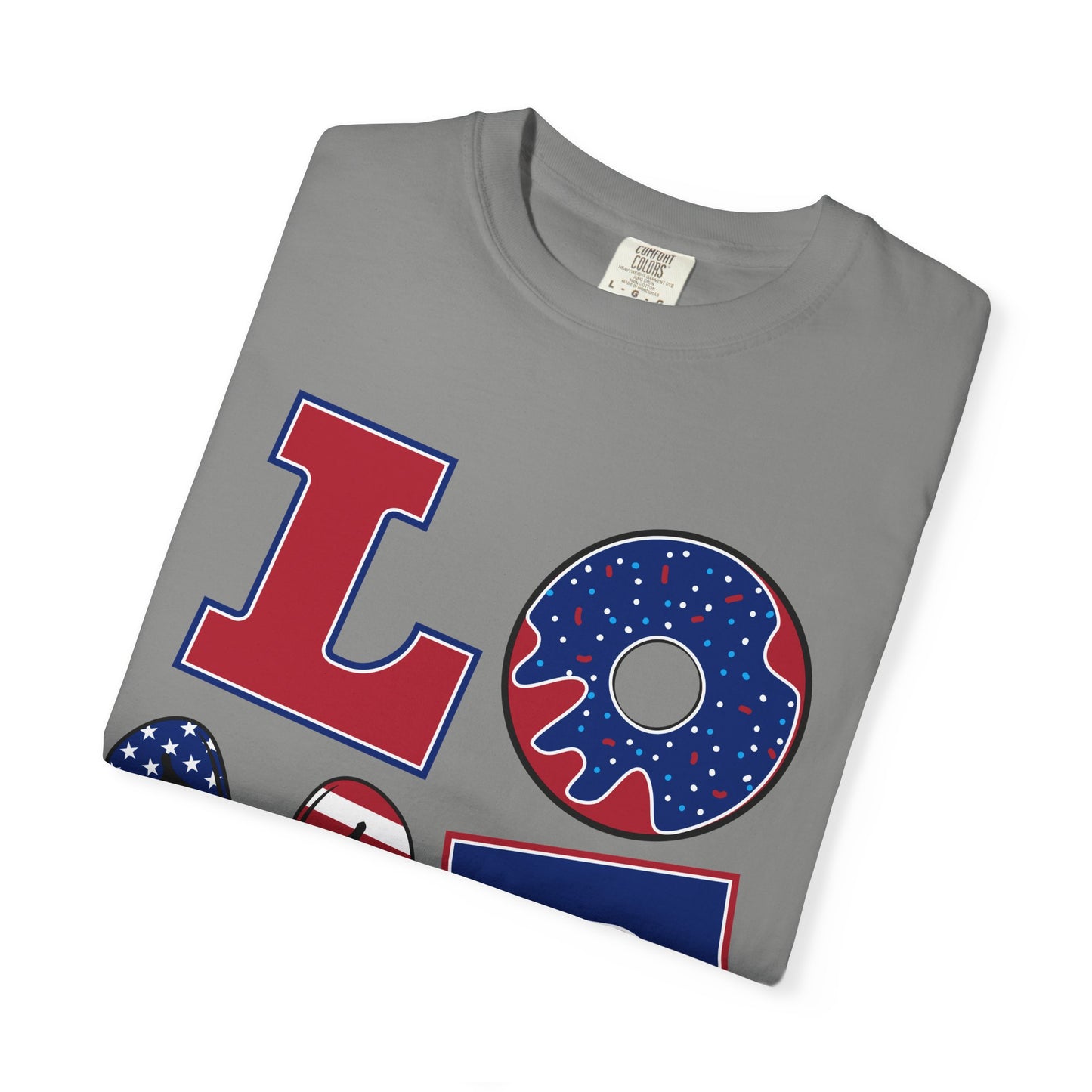 Patriotic LOVE Graphic T-shirt | American Flag Donut Stars & Stripes