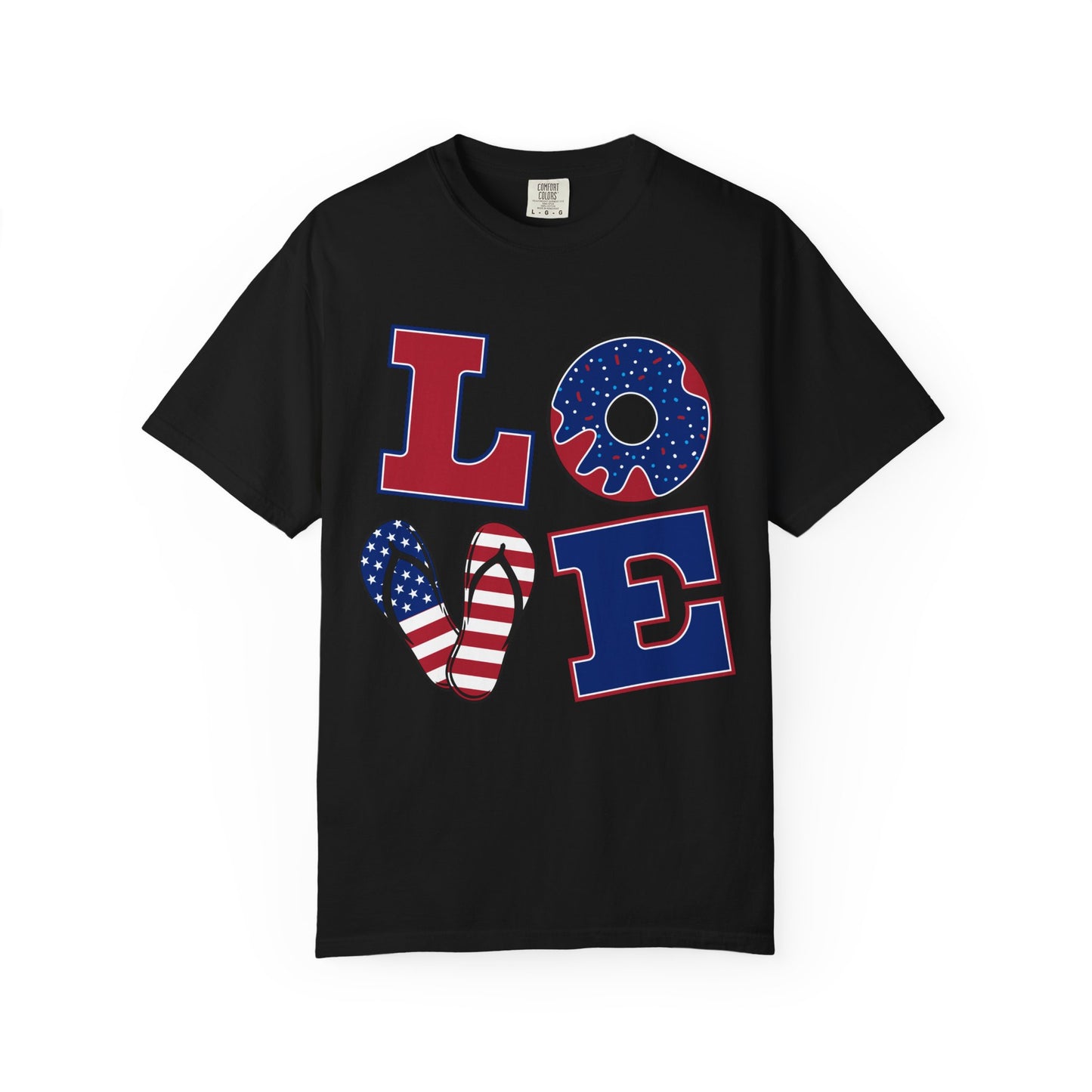 Patriotic LOVE Graphic T-shirt | American Flag Donut Stars & Stripes