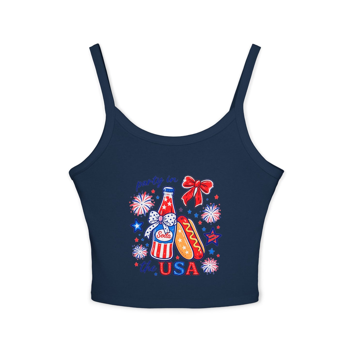 Patriotic 'Party in the USA' Women's Tank Top — 4th of July Hot Dog & Soda Graphic