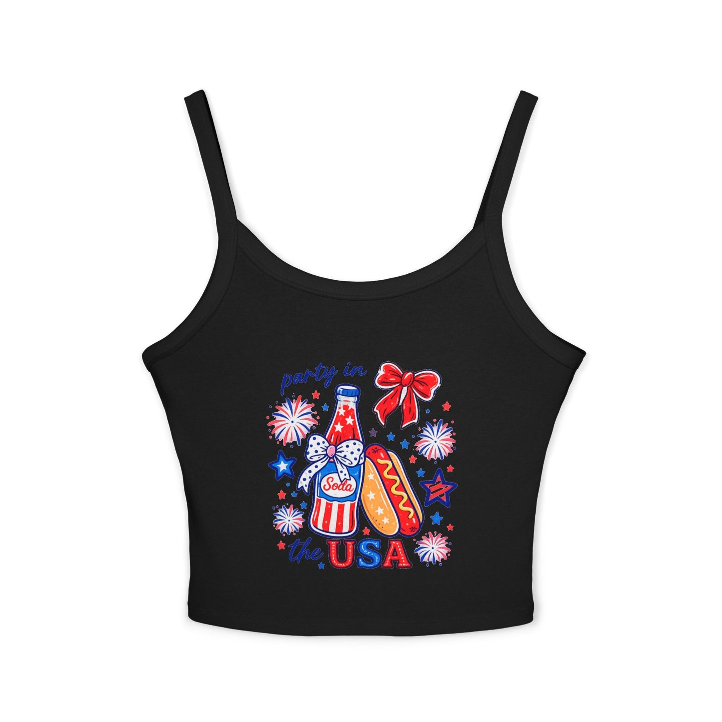 Patriotic 'Party in the USA' Women's Tank Top — 4th of July Hot Dog & Soda Graphic