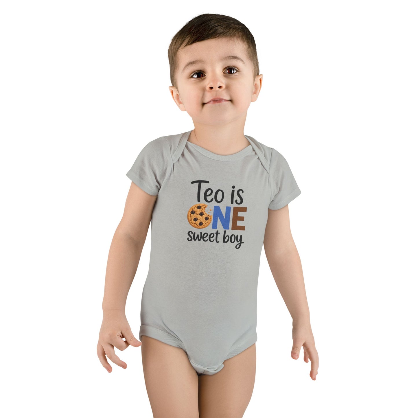 Baby Onesie - "Teo is ONE" Sweet Boy 1st Birthday Bodysuit (Cookie & Cow Print)