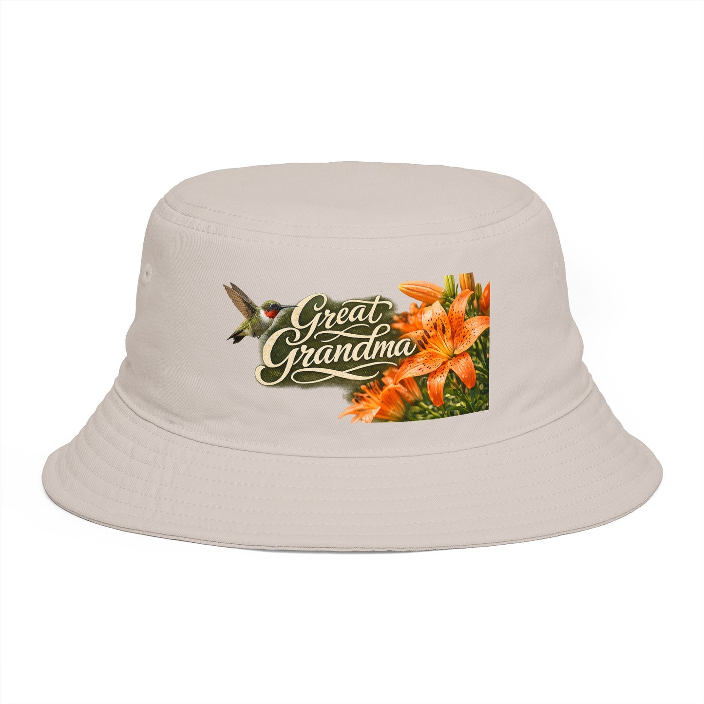 Great Grandma Floral Bucket Hat — Vintage Hummingbird & Lily Gift