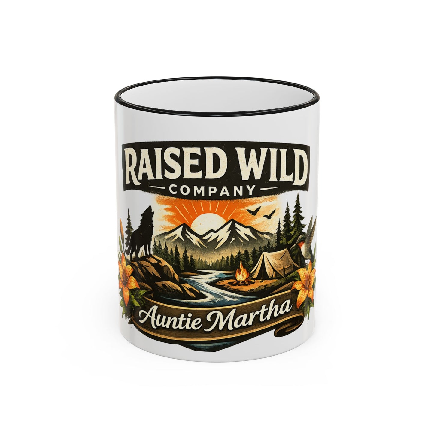 Raised Wild Camping Mug — Personalized 'Auntie Martha' Accent Rim & Handle
