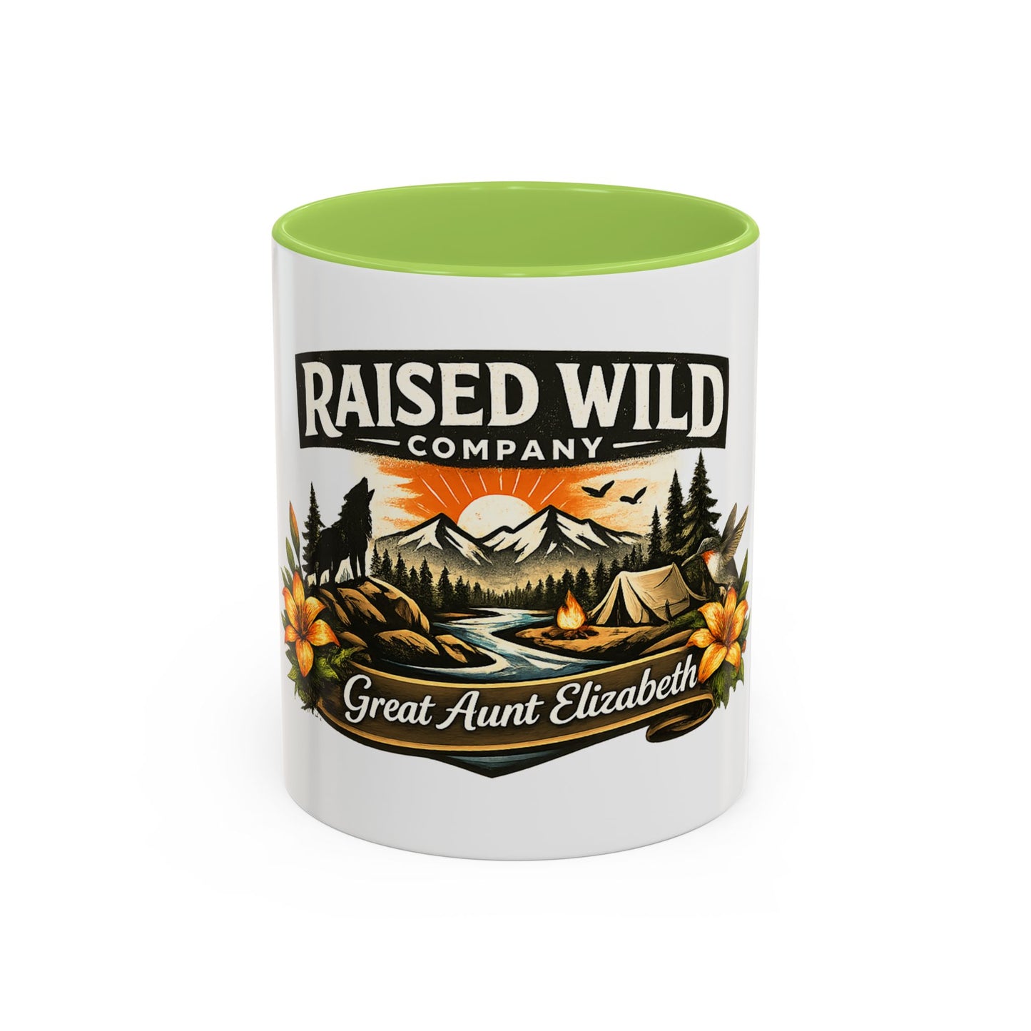 Raised Wild Coffee Mug – Personalized “Great Aunt Elizabeth” Camping Floral Design (11/15oz)