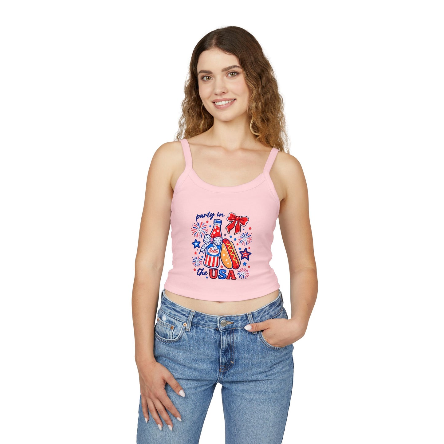 Patriotic 'Party in the USA' Women's Tank Top — 4th of July Hot Dog & Soda Graphic