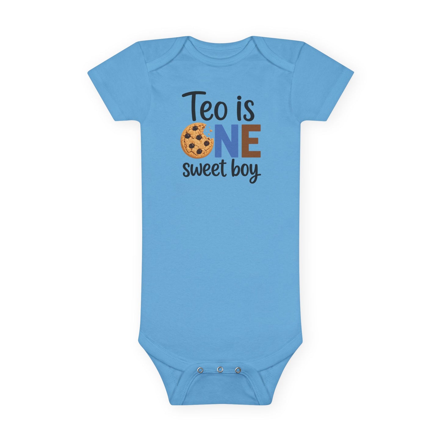 Baby Onesie - "Teo is ONE" Sweet Boy 1st Birthday Bodysuit (Cookie & Cow Print)