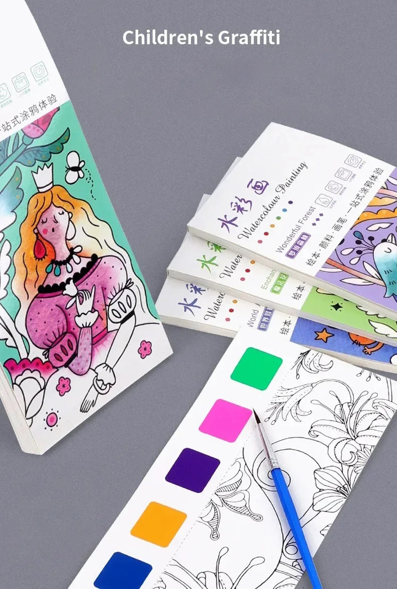 Magic Watercolor Coloring Book for Kids 12 Sheets Graffiti Painting Notebook with Paint Brush Water-Activated Gouache Drawing