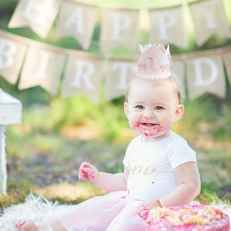 1 Piece Boho Pink Bow 1st Birthday Girl Hat Happy Birthday Party Decoration Photo Prop Baby Shower Decoration