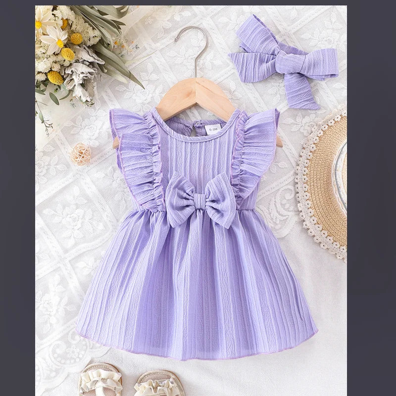 2pcs Baby Girls Purple Bow Jacquard Princess Dress with Hair Clip, Sweet Style, for Photoshoot/Daily/Outdoor, 0-18M, Breathable