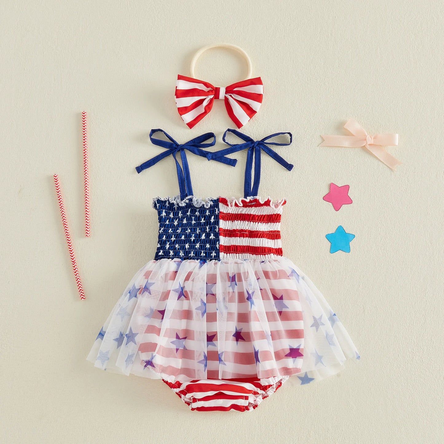 Infant Baby Girl Bodysuits Outfit Independence Day Sleeveless Tie up Shoulder Strap Star Stripe Print Romper Dress and Headband