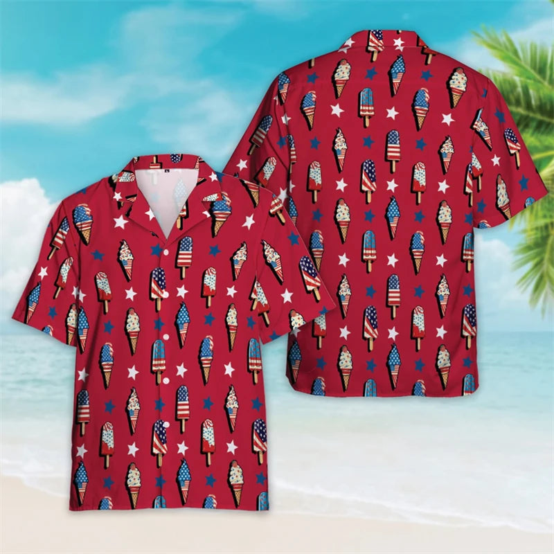 4th of July Patriotic Hawaiian Button Shirt | USA Flag Lapel | Men's