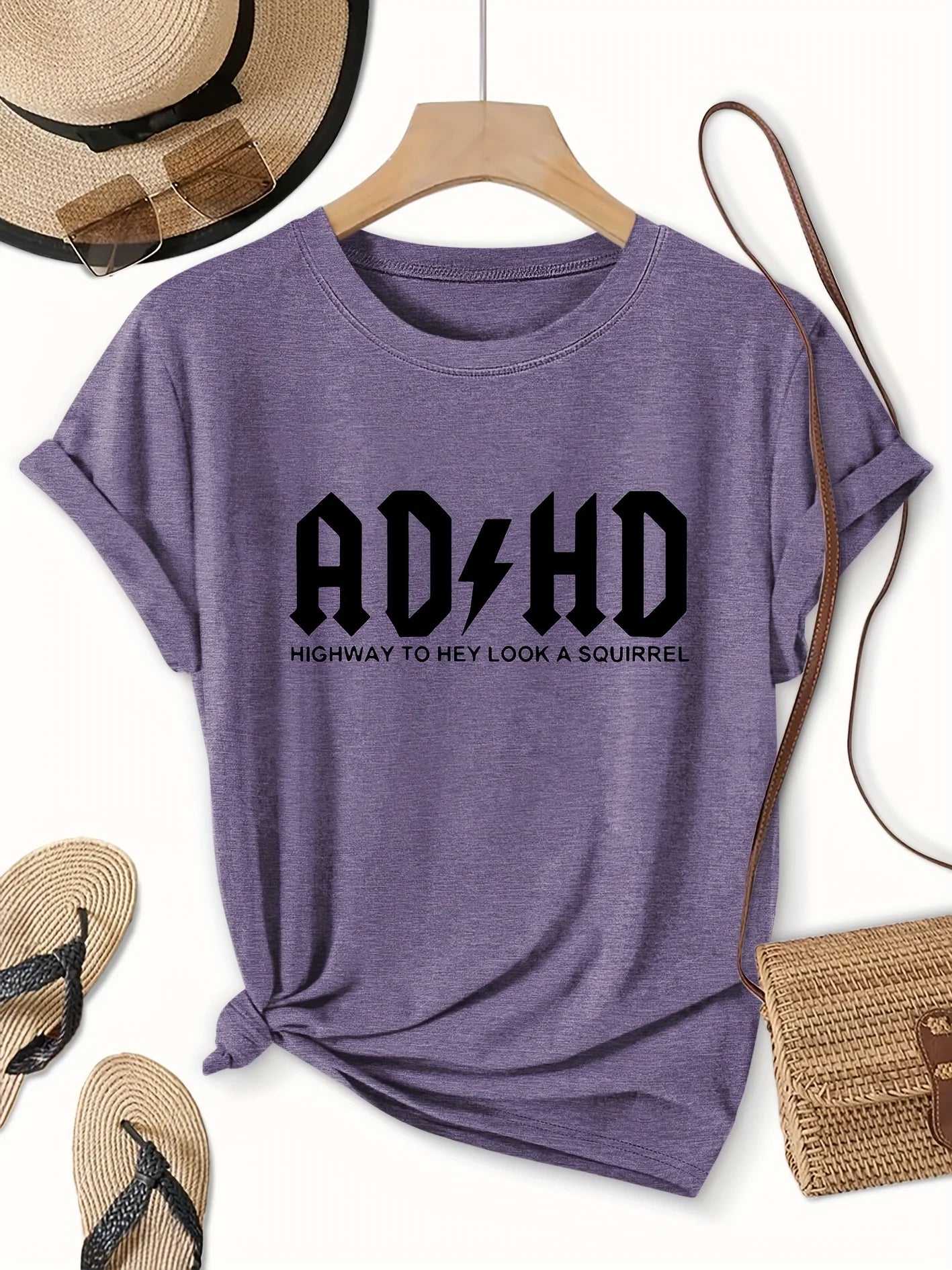 ADHD Highway To Hey Look A Squirrel Women's Tee, Funny Grey Top