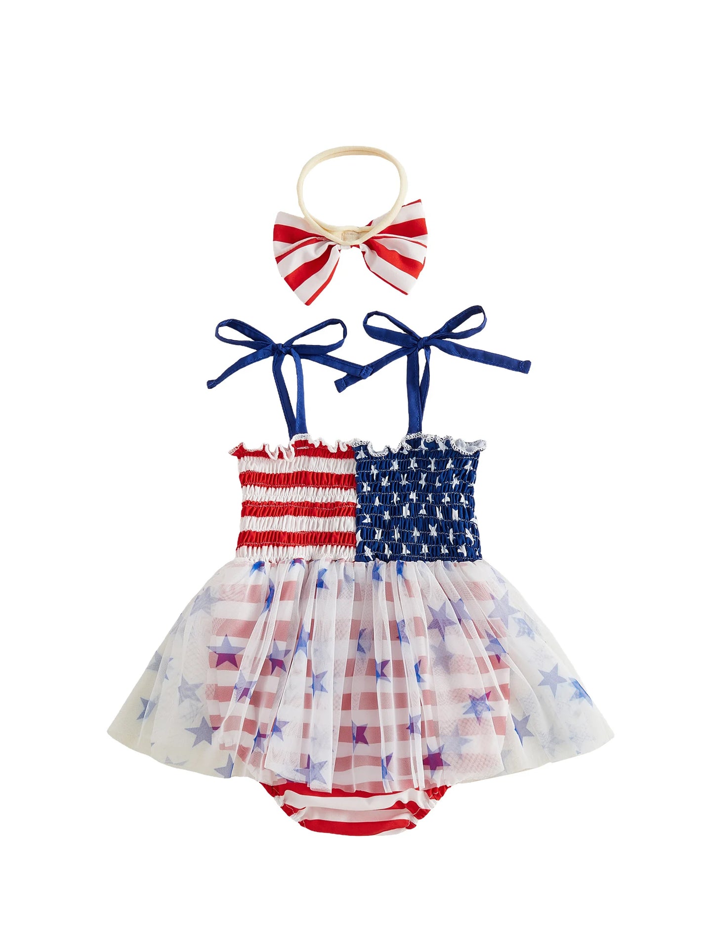 Infant Baby Girl Bodysuits Outfit Independence Day Sleeveless Tie up Shoulder Strap Star Stripe Print Romper Dress and Headband