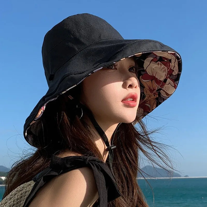 Double-Sided Flower Print Bucket Hat | Wide Brim Sun Hat with Windproof Rope | Women's