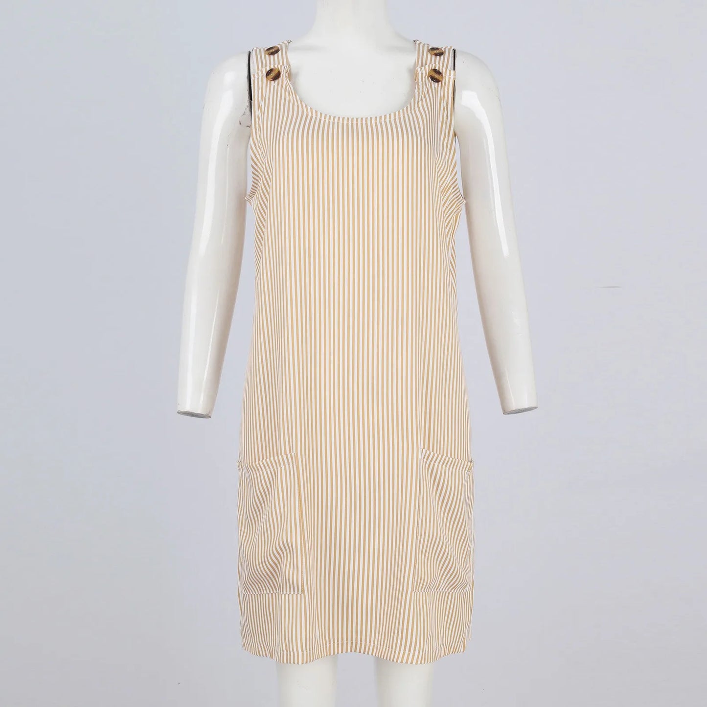 Summer Fashion Stripped Patchwork Commuting U-Neck Sleeveless Pockets Back Button Casual Straight Slimming Mini Dress For Women