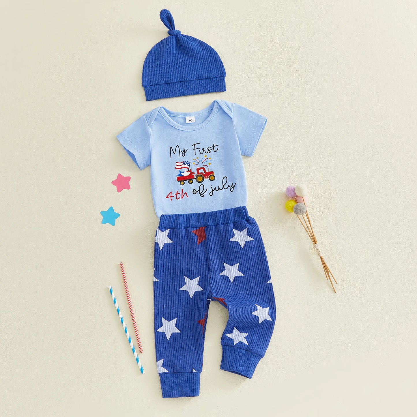 4th of July Baby Boys Outfit Adorable Letter Tractor Print Short Sleeve O Neck Jumpsuit Hat Elastic Waist Pants Set