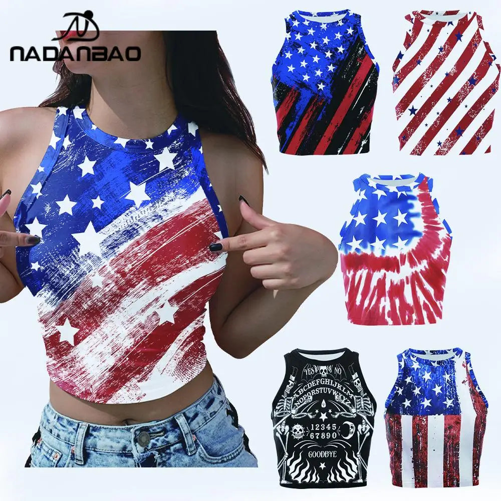 Nadanbao Women's Summer Independence's Day American Flag Print Tight Breathable and Comfortable Sleeveless Sexy Tank Top T-Shirt