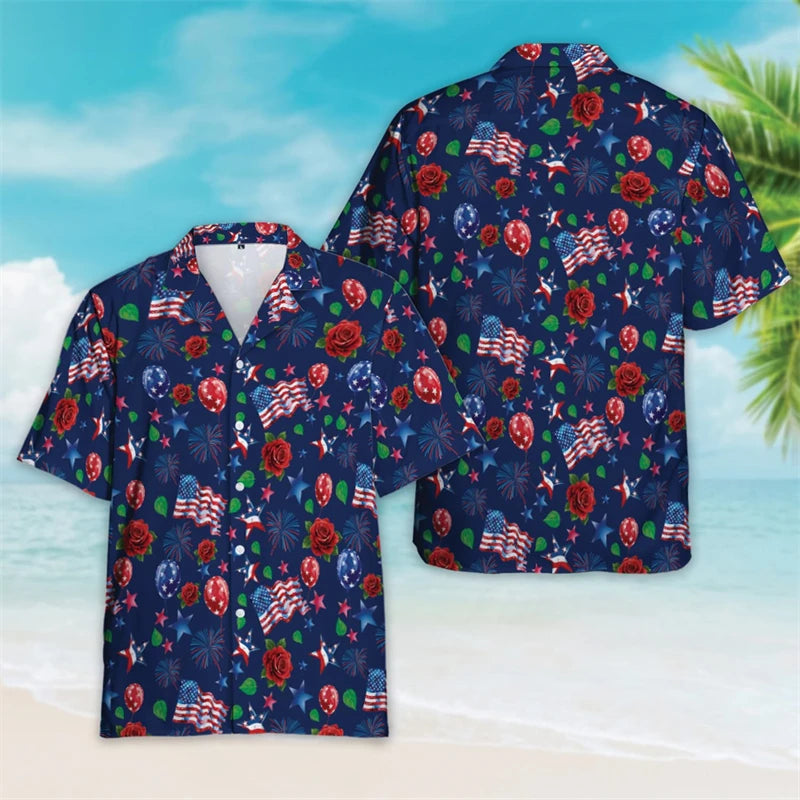4th of July Patriotic Hawaiian Button Shirt | USA Flag Lapel | Men's