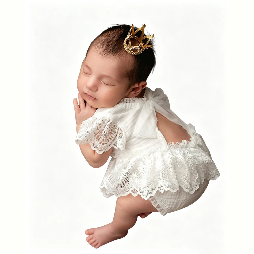 Baby Girl Lace Ruffle Open Back Romper Bow Headband Newborn Photography Props Infant Photo Shoot Outfit Newborn Prop