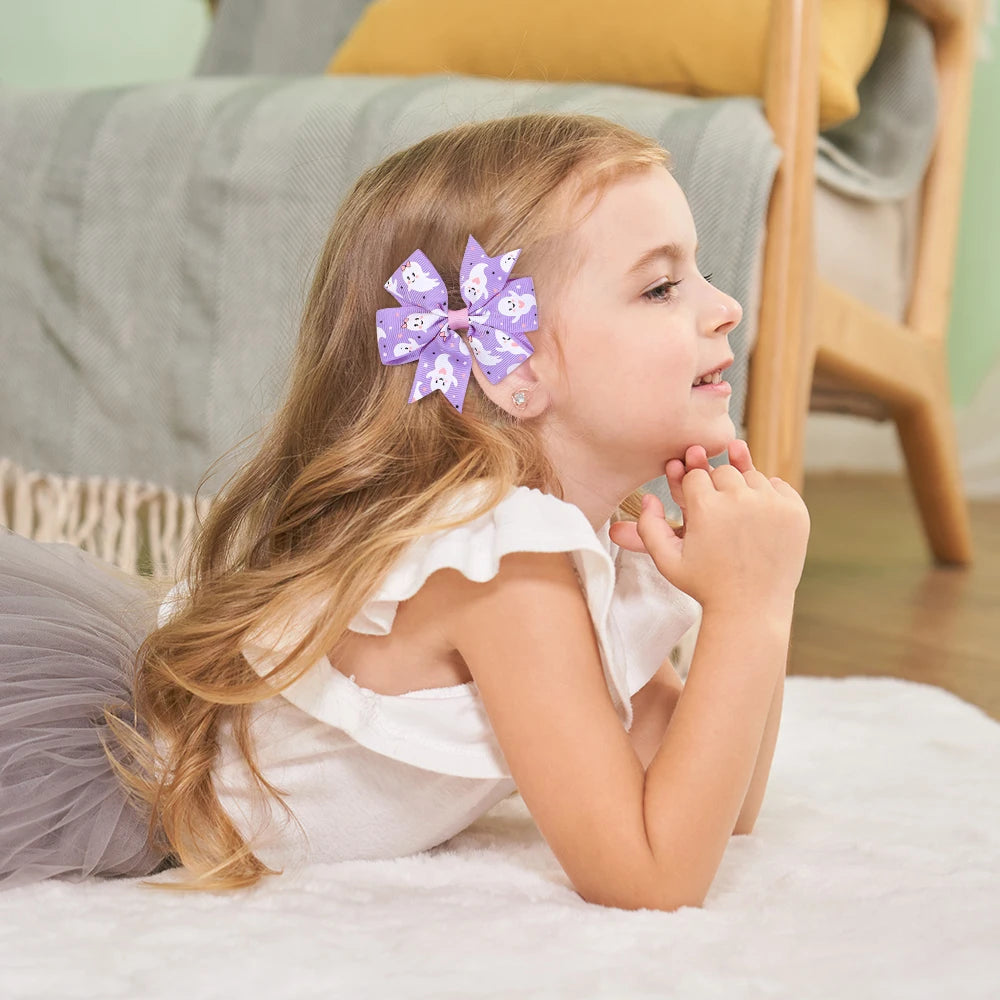 4Pcs/Set Baby Girls Bow Hair Clips 3.5'' Cute Printing Halloween Party Headdress Headwear Hair Accessories for 2-5 Years Old