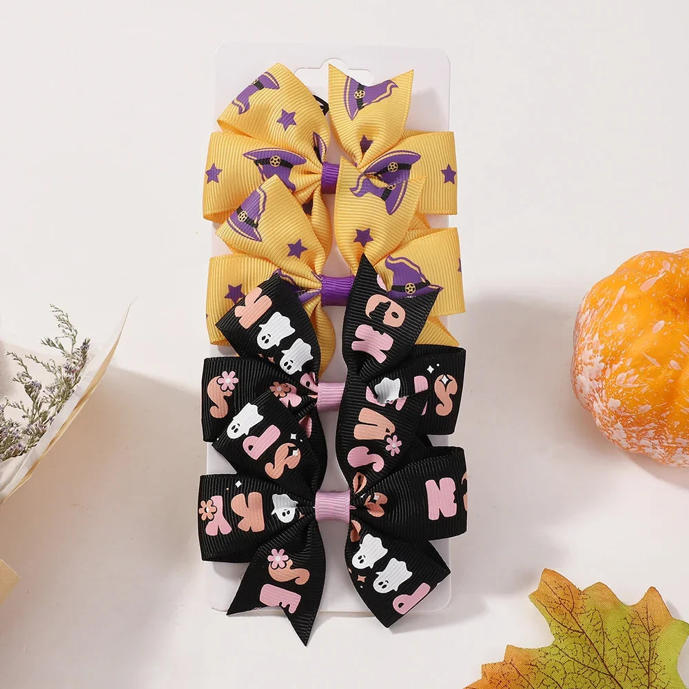 4Pcs/Set Baby Girls Bow Hair Clips 3.5'' Cute Printing Halloween Party Headdress Headwear Hair Accessories for 2-5 Years Old