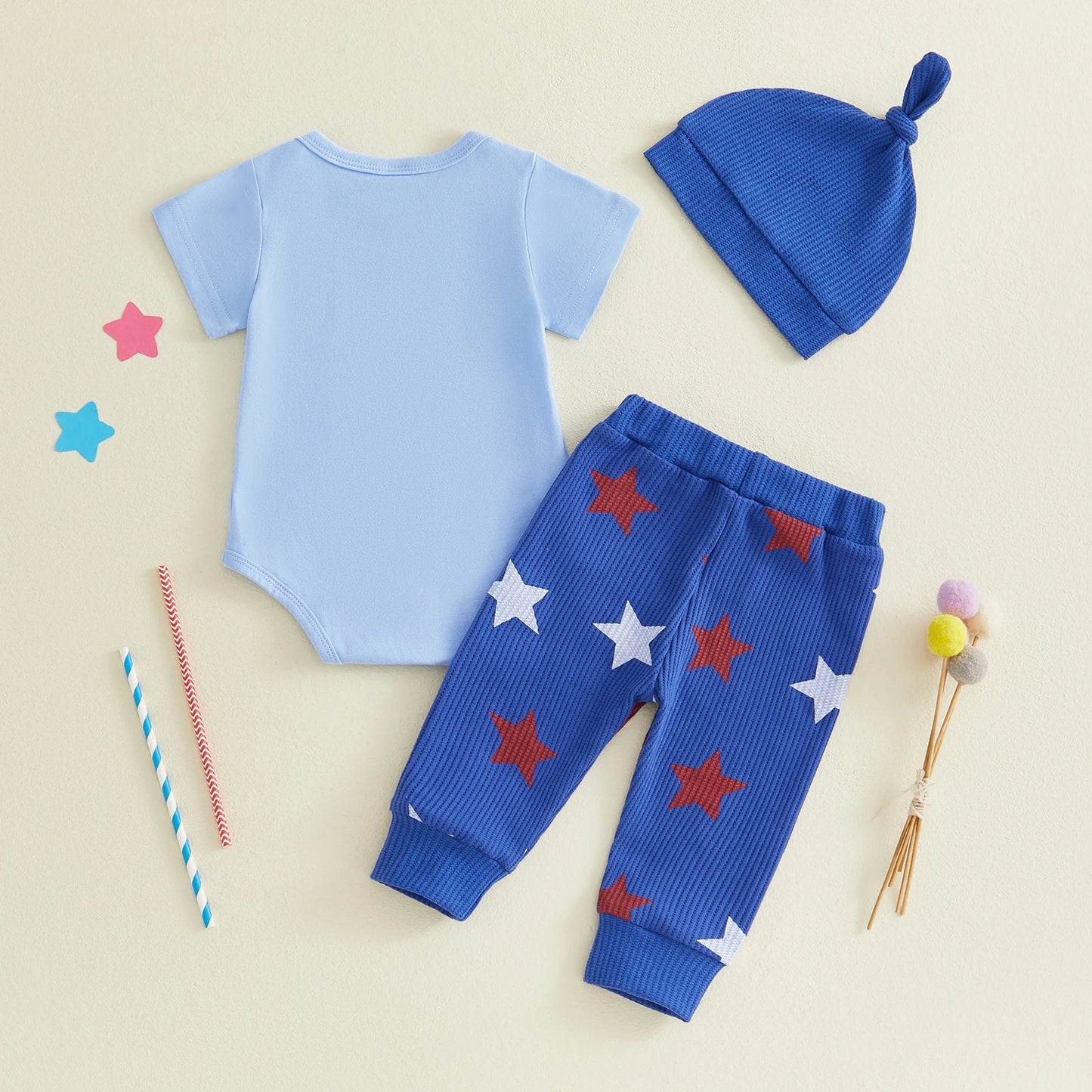 4th of July Baby Boys Outfit Adorable Letter Tractor Print Short Sleeve O Neck Jumpsuit Hat Elastic Waist Pants Set