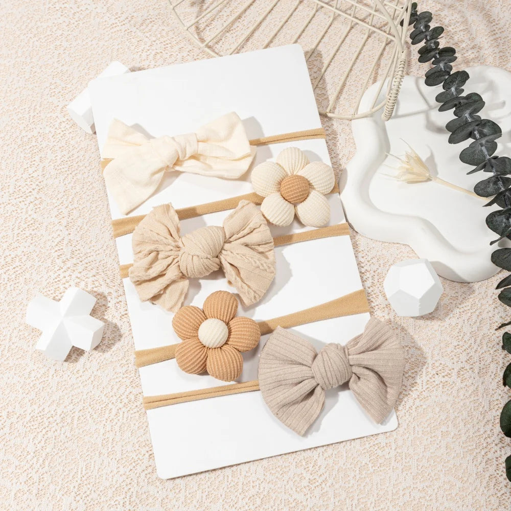 Baby Flower Bow Headband Set of 5 | Soft Nylon | 4 Months–6 Years
